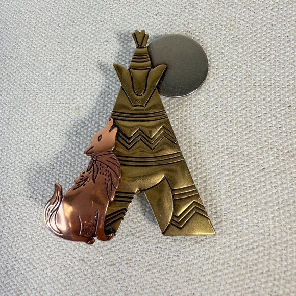 Wolf Moon Teepee Southwest Western Pin Brooch Mixed Metals - Picture 1 of 6